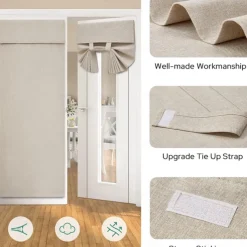 Blackout Linen Door Window Curtains for French Door, Tricia Room Darkening Adhesive Privacy Assured Thermal Insulated Blinds for Kitchen Glass Window