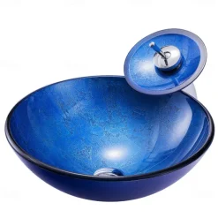 Blue Bathroom Sink Set with Matching Style Faucet Art Bathroom Tempered Glass Vessel Sink Round Wash Basin Bowl Above Counter Washbasin