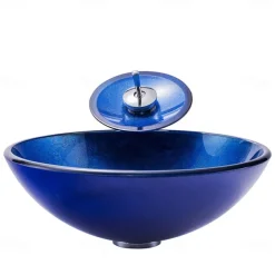 Blue Bathroom Sink Set with Matching Style Faucet Art Bathroom Tempered Glass Vessel Sink Round Wash Basin Bowl Above Counter Washbasin