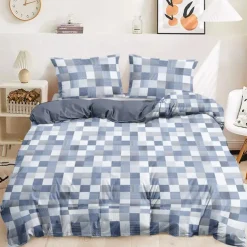 Blue Geometric Grid Splicing 100% Cotton Duvet Cover – Crafted from Premium Cotton, Features Stylish Grid Patterns for a Modern Look. Breathable, Soft, and Durable