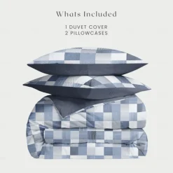 Blue Geometric Grid Splicing 100% Cotton Duvet Cover – Crafted from Premium Cotton, Features Stylish Grid Patterns for a Modern Look. Breathable, Soft, and Durable
