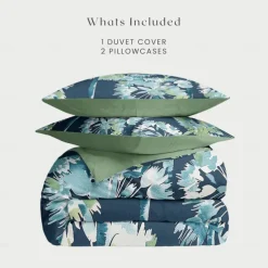 Blue Ink Illustration Flower 3-Piece Duvet Set for Hotel Bedroom Guest Room Hotel Bedding Comfy Set 1 Duvet Cover 2 Piillowcases