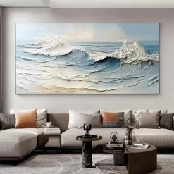 Blue Ocean Oil Painting handmade Contemporary Indigo Painting Abstract Sunrise Ocean Oil Painting on Canvas Large Custom Modern Textured Coastal Landscape Painting Living Room Home Wall Decor