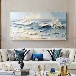 Blue Ocean Oil Painting handmade Contemporary Indigo Painting Abstract Sunrise Ocean Oil Painting on Canvas Large Custom Modern Textured Coastal Landscape Painting Living Room Home Wall Decor