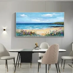 Blue Ocean Oil Painting Handmade Contemporary Indigo Painting Large Sky Sea painting Art Ocean Sea Painting Home Decor Painting 3D Sea Abstract Oil Painting White Waves Texture Painting