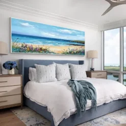 Blue Ocean Oil Painting Handmade Contemporary Indigo Painting Large Sky Sea painting Art Ocean Sea Painting Home Decor Painting 3D Sea Abstract Oil Painting White Waves Texture Painting