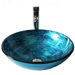 Blue Round Chrome Tempered Glass Glass Basin with Straight Tube Faucet, Basin Support and Drain