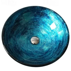 Blue Round Chrome Tempered Glass Glass Basin with Straight Tube Faucet, Basin Support and Drain