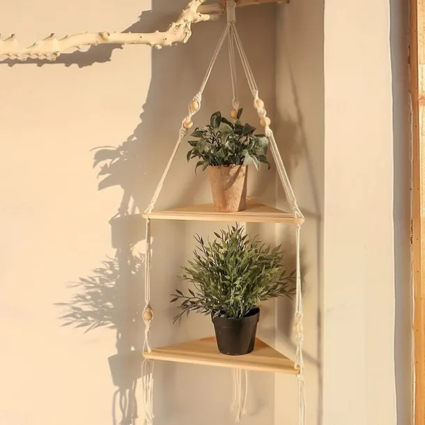 Bohemian Wall Hanging Decorative Shelf - Wooden Beads, Cotton Rope & Plants Candle Storage Rack for Home Decor