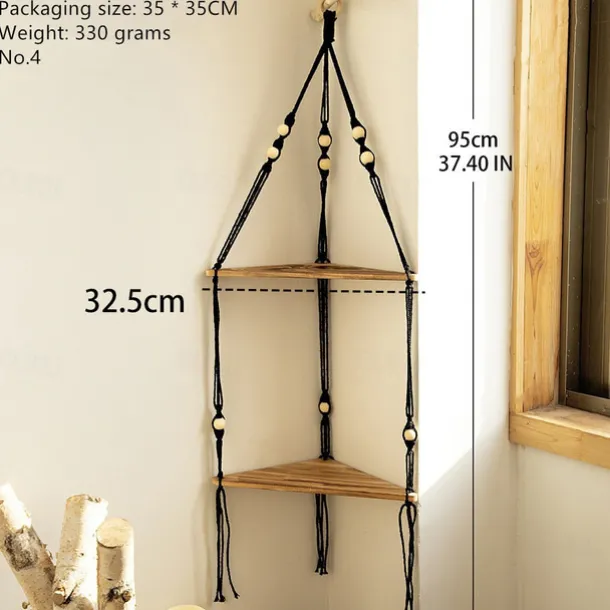 Bohemian Wall Hanging Decorative Shelf - Wooden Beads, Cotton Rope & Plants Candle Storage Rack for Home Decor