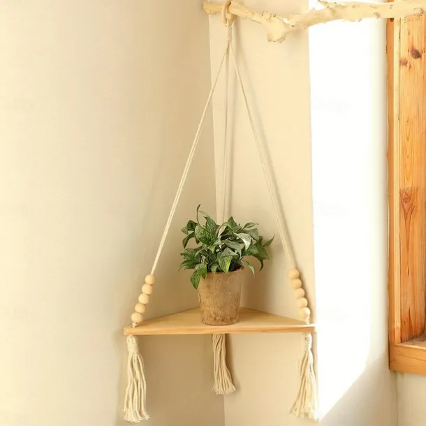 Bohemian Wall Hanging Decorative Shelf - Wooden Beads, Cotton Rope & Plants Candle Storage Rack for Home Decor