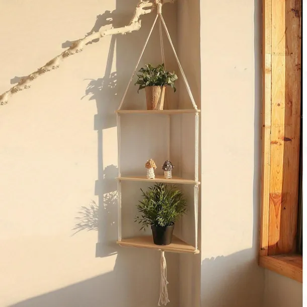 Bohemian Wall Hanging Decorative Shelf - Wooden Beads, Cotton Rope & Plants Candle Storage Rack for Home Decor