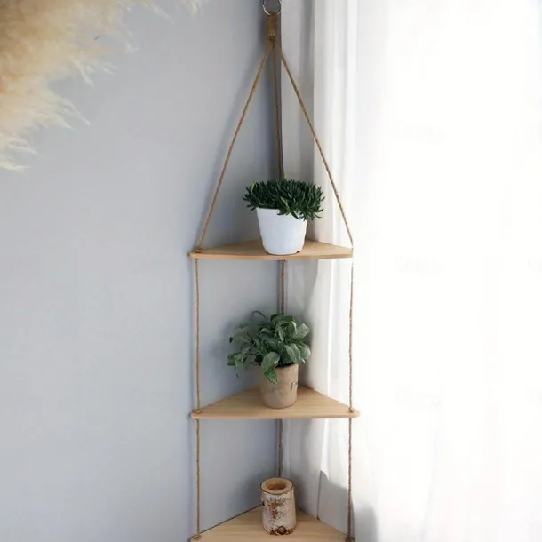 Bohemian Wall Hanging Decorative Shelf - Wooden Beads, Cotton Rope & Plants Candle Storage Rack for Home Decor