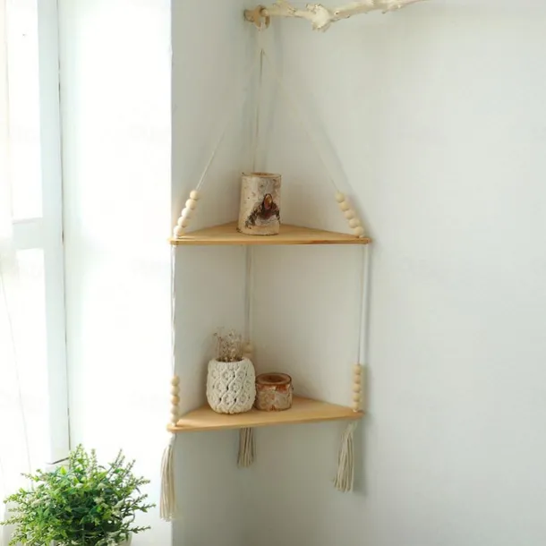 Bohemian Wall Hanging Decorative Shelf - Wooden Beads, Cotton Rope & Plants Candle Storage Rack for Home Decor
