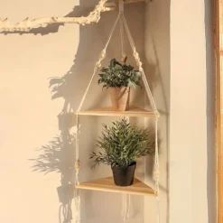 Bohemian Wall Hanging Decorative Shelf - Wooden Beads, Cotton Rope & Plants Candle Storage Rack for Home Decor