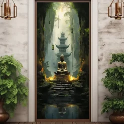 Boho Buddha Door Covers Mural Decor Door Tapestry Door Curtain Decoration Backdrop Door Banner Removable for Front Door Indoor Outdoor Home Room Decoration Farmhouse Decor Supplies