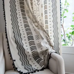 Boho Cotton Linen Curtains with Tassels Geometric Semi Blackout Print Farmhouse Bohemian Window Curtains for Living Room Rod Pocket Drapes 1 Panel
