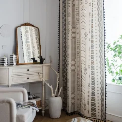 Boho Cotton Linen Curtains with Tassels Geometric Semi Blackout Print Farmhouse Bohemian Window Curtains for Living Room Rod Pocket Drapes 1 Panel