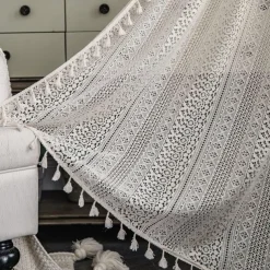 Boho Curtain 1 Panel White Farmhouse Curtain Drapes For Living Room Bedroom, Curtain for Kitchen Balcony Door Window Treatments With Tassels