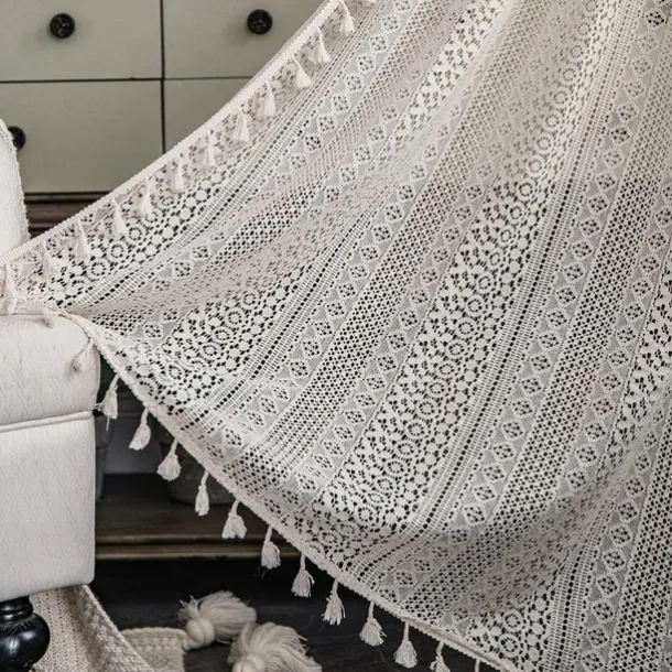 Boho Curtain 1 Panel White Farmhouse Curtain Drapes For Living Room Bedroom, Curtain for Kitchen Balcony Door Window Treatments With Tassels