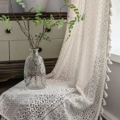 Boho Curtain 1 Panel White Farmhouse Curtain Drapes For Living Room Bedroom, Curtain for Kitchen Balcony Door Window Treatments With Tassels