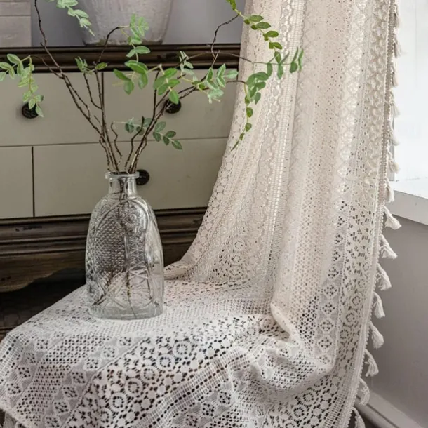 Boho Curtain 1 Panel White Farmhouse Curtain Drapes For Living Room Bedroom, Curtain for Kitchen Balcony Door Window Treatments With Tassels