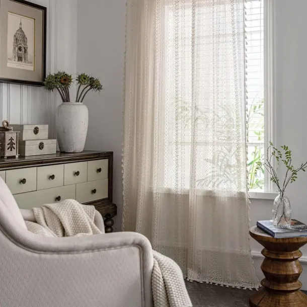 Boho Curtain 1 Panel White Farmhouse Curtain Drapes For Living Room Bedroom, Curtain for Kitchen Balcony Door Window Treatments With Tassels