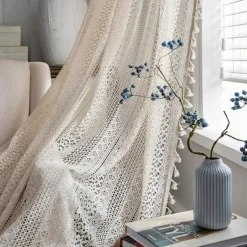 Boho Curtain 1 Panel White Farmhouse Curtain Drapes For Living Room Bedroom, Curtain for Kitchen Balcony Door Window Treatments With Tassels