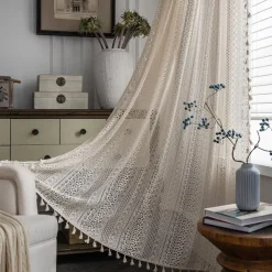 Boho Curtain 1 Panel White Farmhouse Curtain Drapes For Living Room Bedroom, Curtain for Kitchen Balcony Door Window Treatments With Tassels