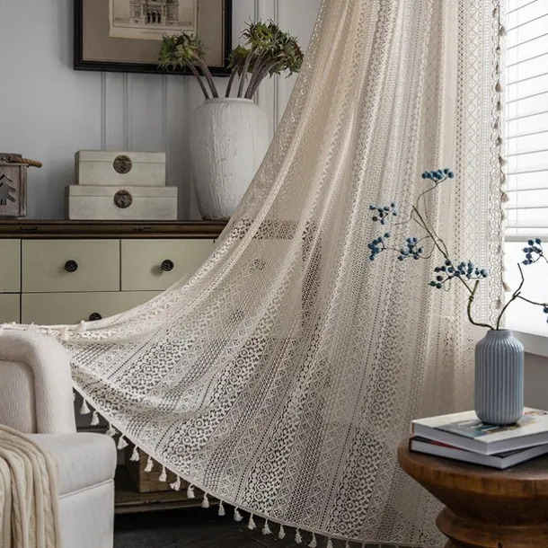 Boho Curtain 1 Panel White Farmhouse Curtain Drapes For Living Room Bedroom, Curtain for Kitchen Balcony Door Window Treatments With Tassels