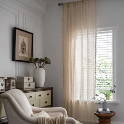 Boho Curtain 1 Panel White Farmhouse Curtain Drapes For Living Room Bedroom, Curtain for Kitchen Balcony Door Window Treatments With Tassels