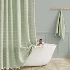 Boho Farmhouse Shower Curtain Set 180cm*180cm(70"*70"), Modern Cotton Linen Fabric Cloth Shower Curtains for Neutral Country Bathroom Decor, Tan Brown Bohemian Rustic