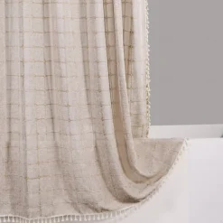 Boho Farmhouse Shower Curtain Set 180cm*180cm(70"*70"), Modern Cotton Linen Fabric Cloth Shower Curtains for Neutral Country Bathroom Decor, Tan Brown Bohemian Rustic