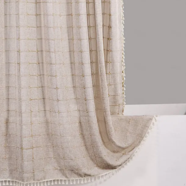 Boho Farmhouse Shower Curtain Set 180cm*180cm(70"*70"), Modern Cotton Linen Fabric Cloth Shower Curtains for Neutral Country Bathroom Decor, Tan Brown Bohemian Rustic