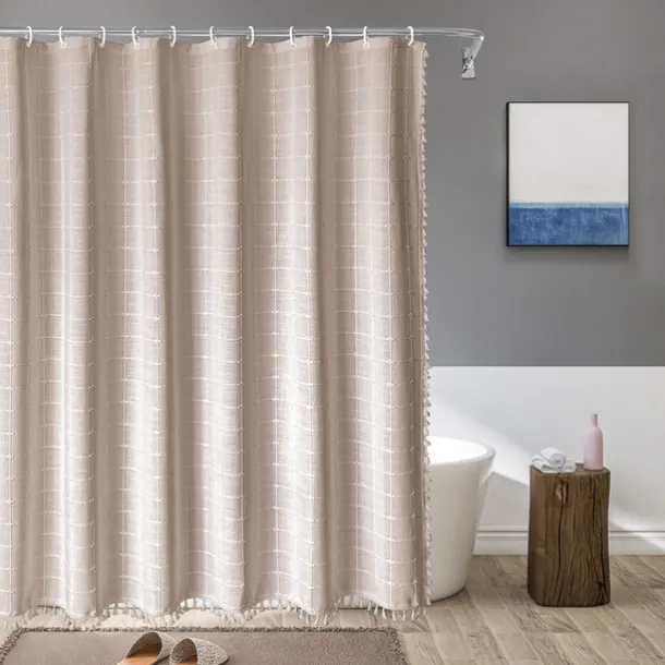 Boho Farmhouse Shower Curtain Set 180cm*180cm(70"*70"), Modern Cotton Linen Fabric Cloth Shower Curtains for Neutral Country Bathroom Decor, Tan Brown Bohemian Rustic