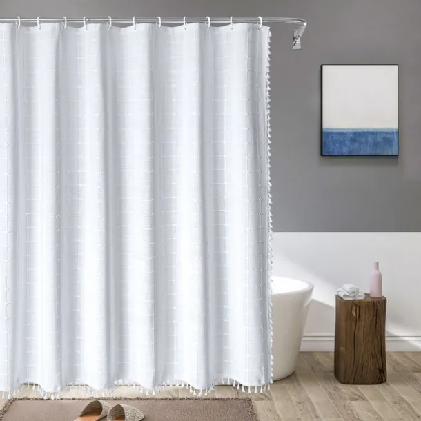 Boho Farmhouse Shower Curtain Set 180cm*180cm(70"*70"), Modern Cotton Linen Fabric Cloth Shower Curtains for Neutral Country Bathroom Decor, Tan Brown Bohemian Rustic