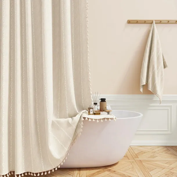 Boho Farmhouse Shower Curtain Set 180cm*180cm(70"*70"), Modern Cotton Linen Fabric Cloth Shower Curtains for Neutral Country Bathroom Decor, Tan Brown Bohemian Rustic