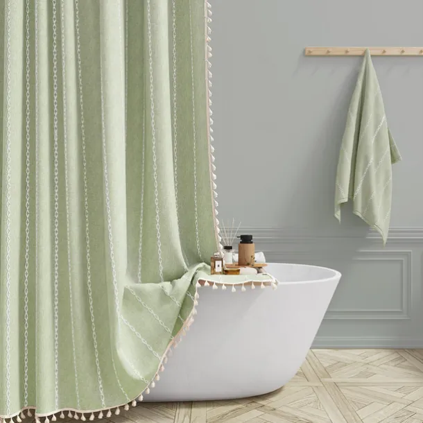 Boho Farmhouse Shower Curtain Set 180cm*180cm(70"*70"), Modern Cotton Linen Fabric Cloth Shower Curtains for Neutral Country Bathroom Decor, Tan Brown Bohemian Rustic