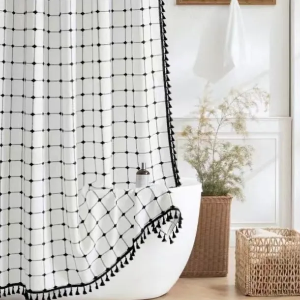 Boho Farmhouse Shower Curtain Set 180cm*180cm(70"*70"), Modern Cotton Linen Fabric Cloth Shower Curtains for Neutral Country Bathroom Decor, Tan Brown Bohemian Rustic