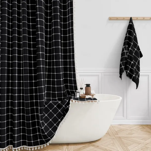 Boho Farmhouse Shower Curtain Set 180cm*180cm(70"*70"), Modern Cotton Linen Fabric Cloth Shower Curtains for Neutral Country Bathroom Decor, Tan Brown Bohemian Rustic