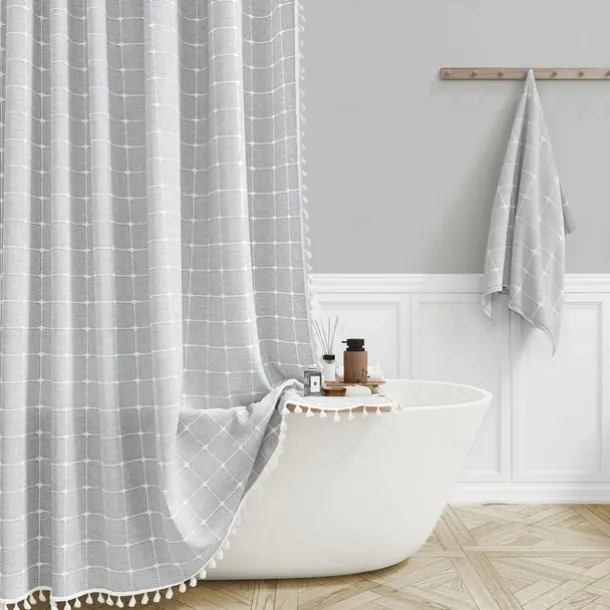 Boho Farmhouse Shower Curtain Set 180cm*180cm(70"*70"), Modern Cotton Linen Fabric Cloth Shower Curtains for Neutral Country Bathroom Decor, Tan Brown Bohemian Rustic