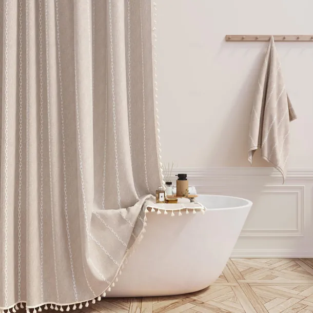 Boho Farmhouse Shower Curtain Set 180cm*180cm(70"*70"), Modern Cotton Linen Fabric Cloth Shower Curtains for Neutral Country Bathroom Decor, Tan Brown Bohemian Rustic