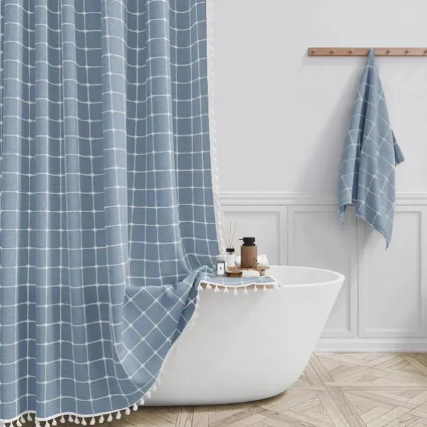 Boho Farmhouse Shower Curtain Set 180cm*180cm(70"*70"), Modern Cotton Linen Fabric Cloth Shower Curtains for Neutral Country Bathroom Decor, Tan Brown Bohemian Rustic