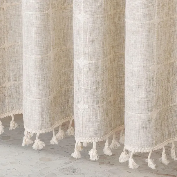 Boho Farmhouse Shower Curtain Set 180cm*180cm(70"*70"), Modern Cotton Linen Fabric Cloth Shower Curtains for Neutral Country Bathroom Decor, Tan Brown Bohemian Rustic