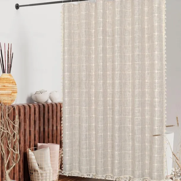 Boho Farmhouse Shower Curtain Set 180cm*180cm(70"*70"), Modern Cotton Linen Fabric Cloth Shower Curtains for Neutral Country Bathroom Decor, Tan Brown Bohemian Rustic