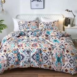 Boho Flower Duvet Cover Full Size Bohemian Lines Bedding Set Aztec Line Bed Sets Geomtric Quilt Cover Soft Lightweight Comforter Cover with 2 Pillowcases for Summer Spring