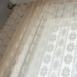 Boho Lace Window Curtain with Tasssel, Vintage Floral Geometric Crochet Curtains Panel Light Filtering Rod Pocket Window Drapes for Bedroom Living Room, 1 Panel