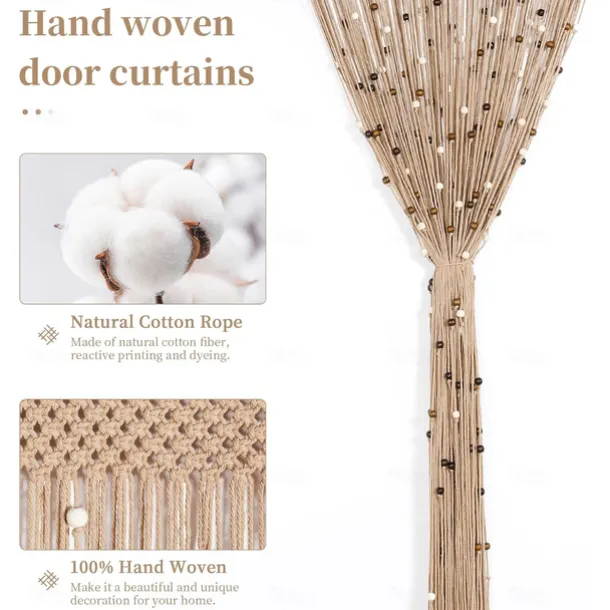 Boho Macrame Beaded Curtain Handmade Door String Curtain for Doorway Window Cotton Tassels Beads Hanging Hippie Room Divider Hallway Closet Bedroom Living Room Decor