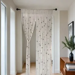 Boho Macrame Beaded Curtain Handmade Door String Curtain for Doorway Window Cotton Tassels Beads Hanging Hippie Room Divider Hallway Closet Bedroom Living Room Decor