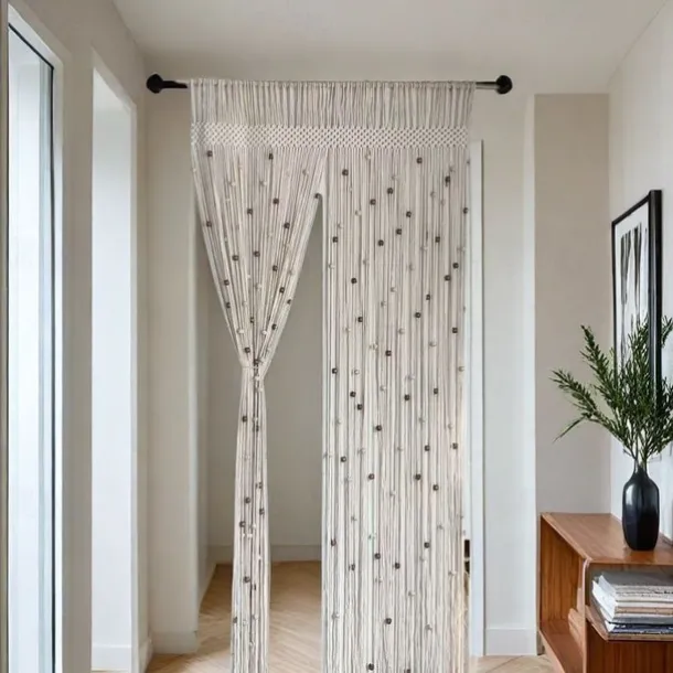 Boho Macrame Beaded Curtain Handmade Door String Curtain for Doorway Window Cotton Tassels Beads Hanging Hippie Room Divider Hallway Closet Bedroom Living Room Decor